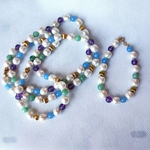 Glass Pearl Pastel Extra Long Beaded Gemstone Necklace Bracelet Set
